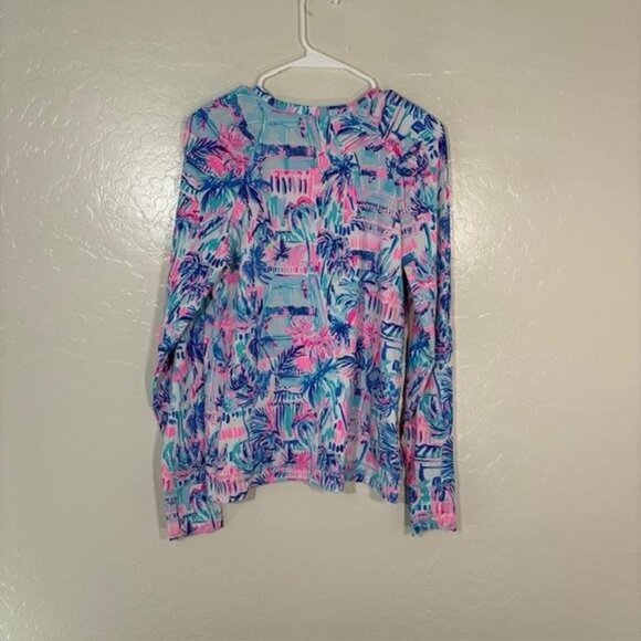 Lilly Pulitzer Luxletic Shirt Womens Medium Pink Blue Palm Print Long Sleeve - Picture 7 of 9